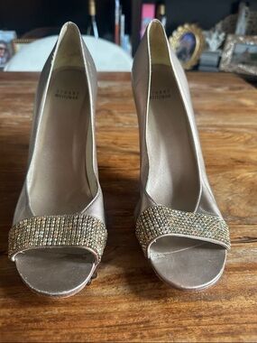 Stuart Weitzman Champagne Gold Crystal-Embellished Peep-Toe Heels